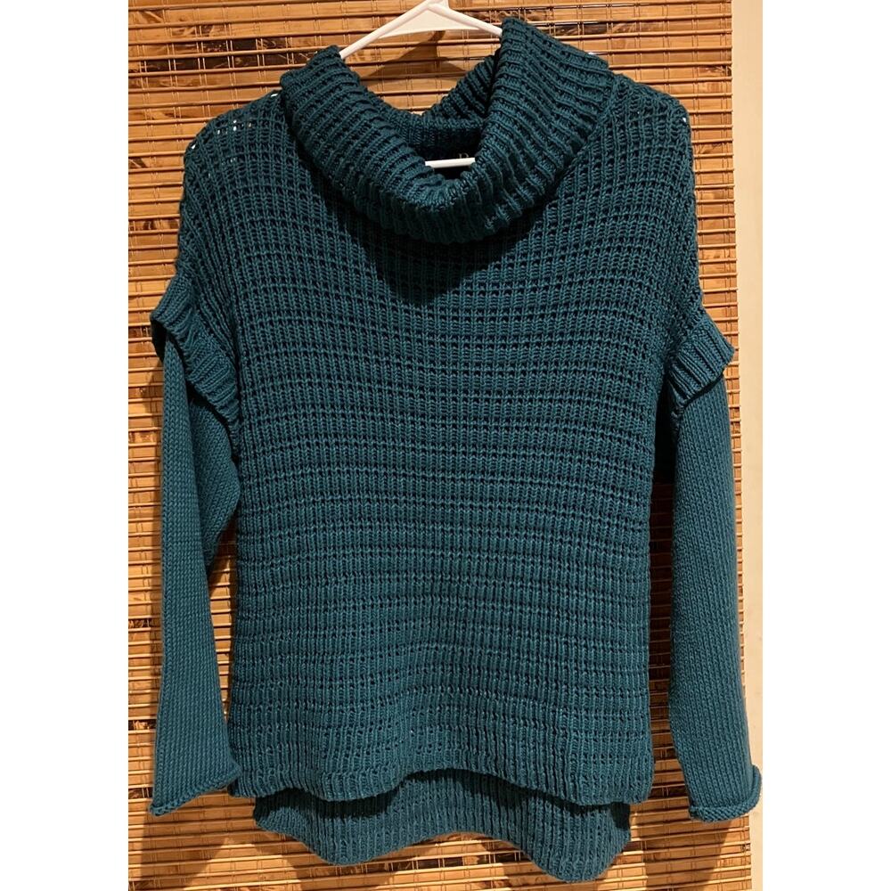 Pure Handknit‎ Women's Sweater XS/S Teal Green Chunky Knit Cowl Neck 100% Cotton